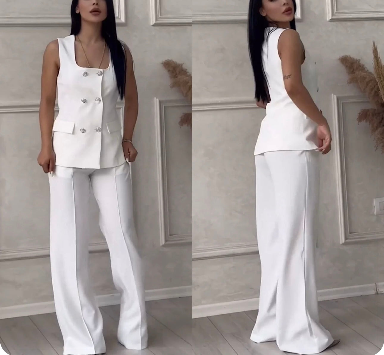 Coordinato Gaia gilet smanicato con bottoni gioiello pantaloni palazzo vestibilita perfetta Made in Italy 🇮🇹 taglie dalla 38 alla 54