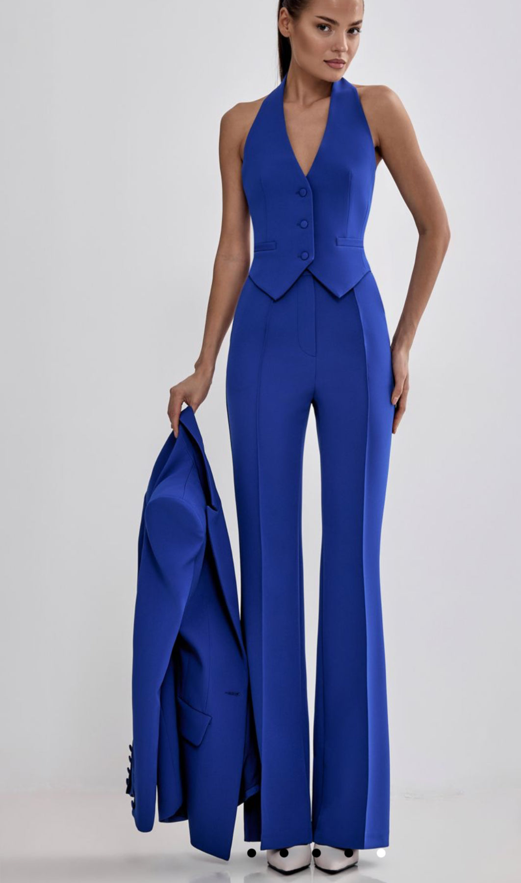 Tailleur Naomi blazer più gilet schiena scoperta pantaloni palazzo in coordinato