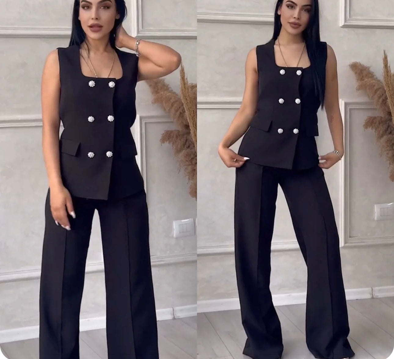 Coordinato Gaia gilet smanicato con bottoni gioiello pantaloni palazzo vestibilita perfetta Made in Italy 🇮🇹 taglie dalla 38 alla 54