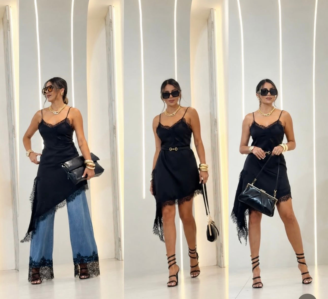 Completo Debora Abito Slip Asimmetrico con Pizzo Nero e Jeans a Gamba Larga con Dettagli