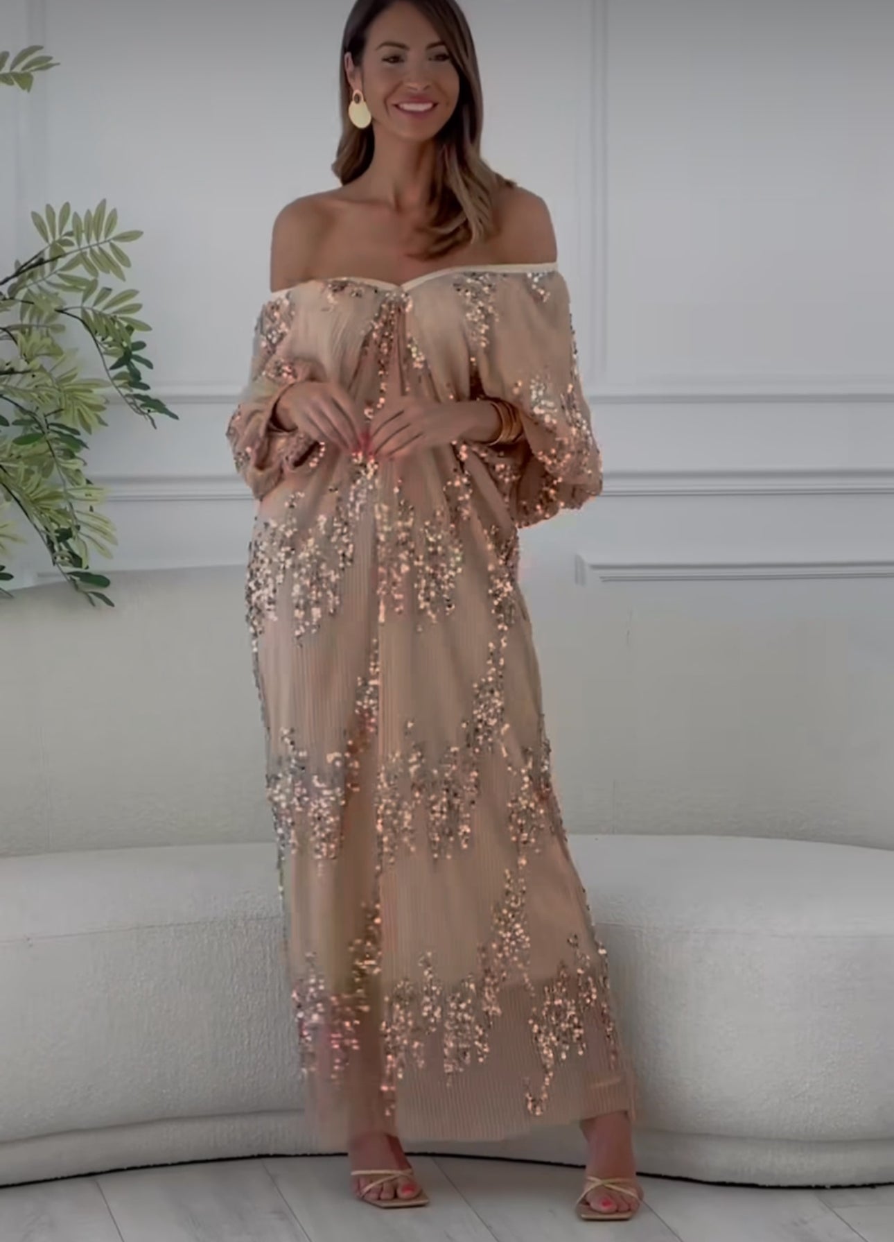 Vestito Long Dress nude in tulle foderato con paillettes vestibilita morbida comoda Made in Italy taglie 38 alla 56
