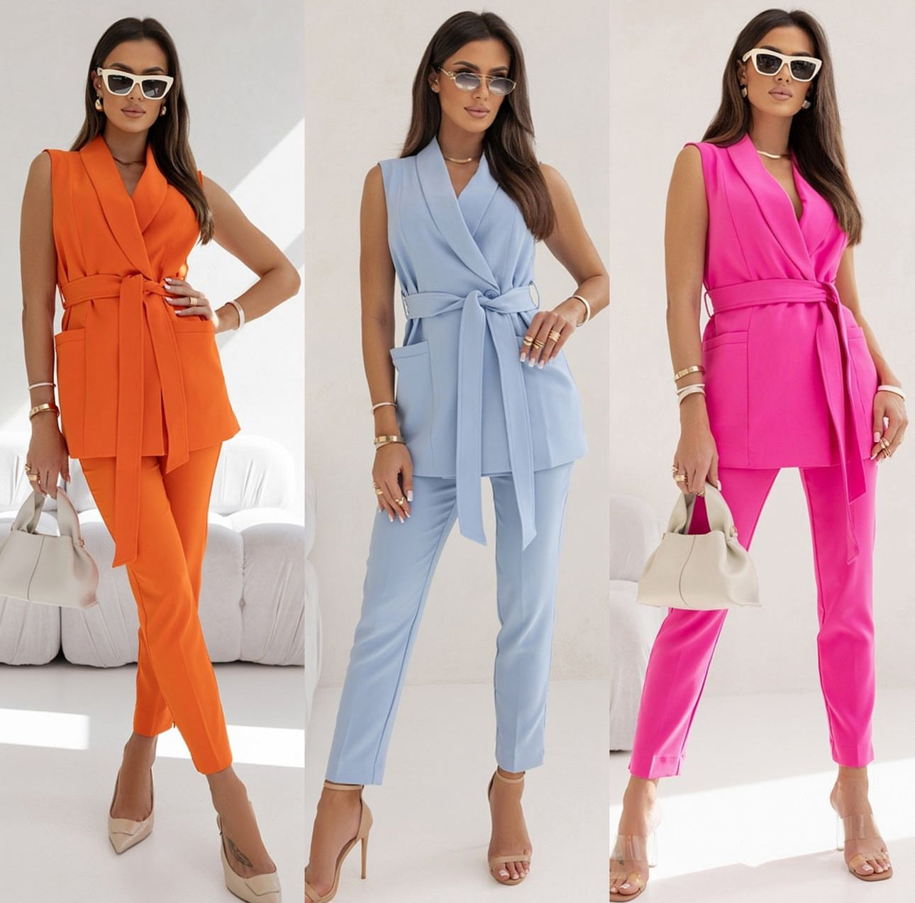 Tailleur STELLA blazer smanicato con cinta più pantaloni modello sigaretta vestibilita comoda Made in Italy 🇮🇹
