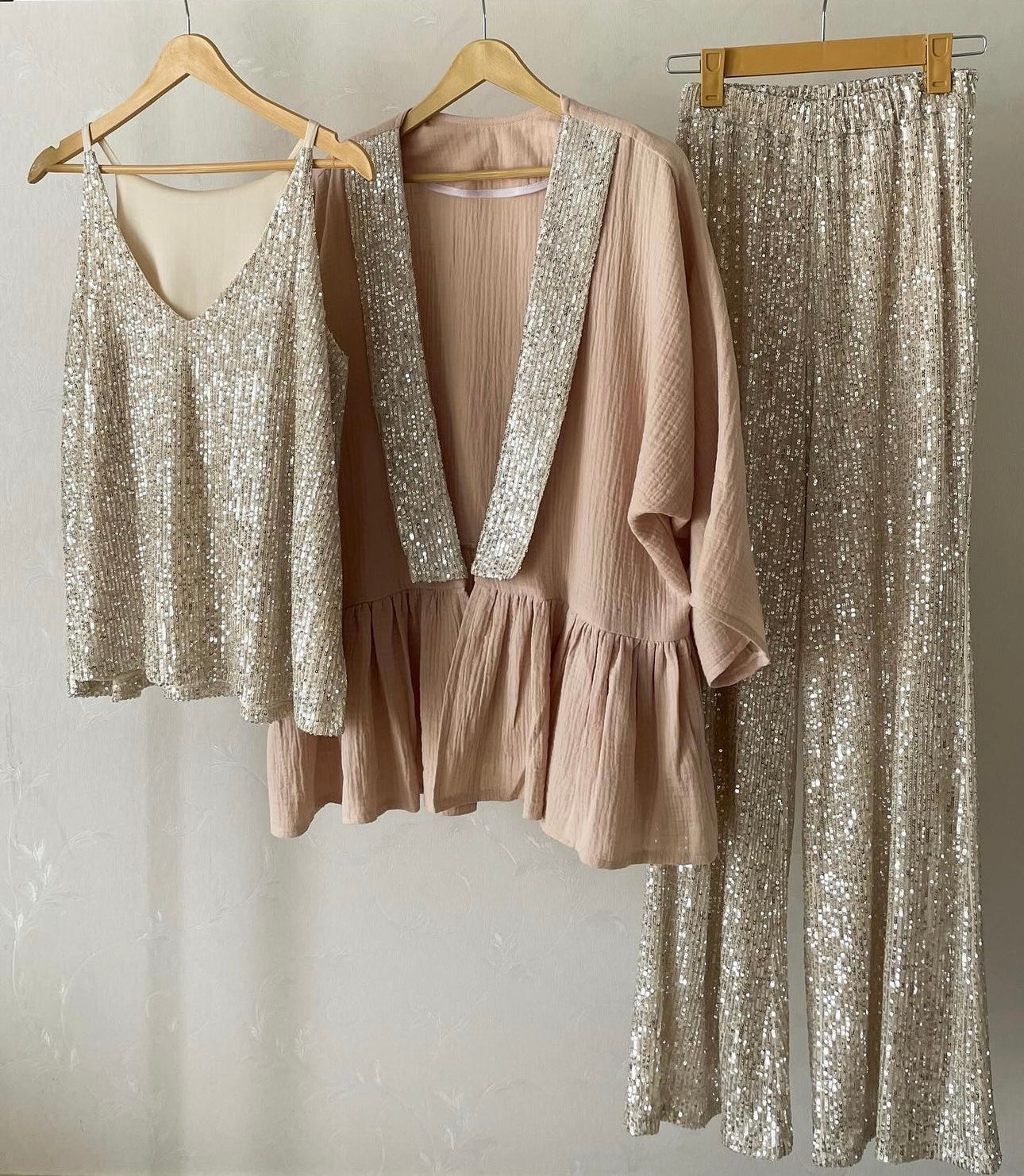Coordinato Giaccacamicia canotta e pantaloni in paillettes Made in Italy taglie dalla 38 alla 56