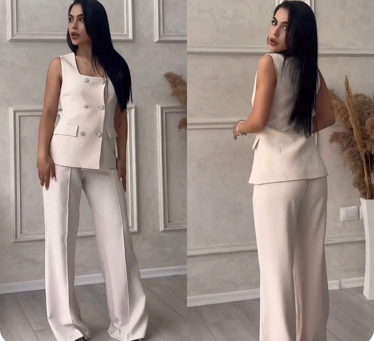 Coordinato Gaia gilet smanicato con bottoni gioiello pantaloni palazzo vestibilita perfetta Made in Italy 🇮🇹 taglie dalla 38 alla 54