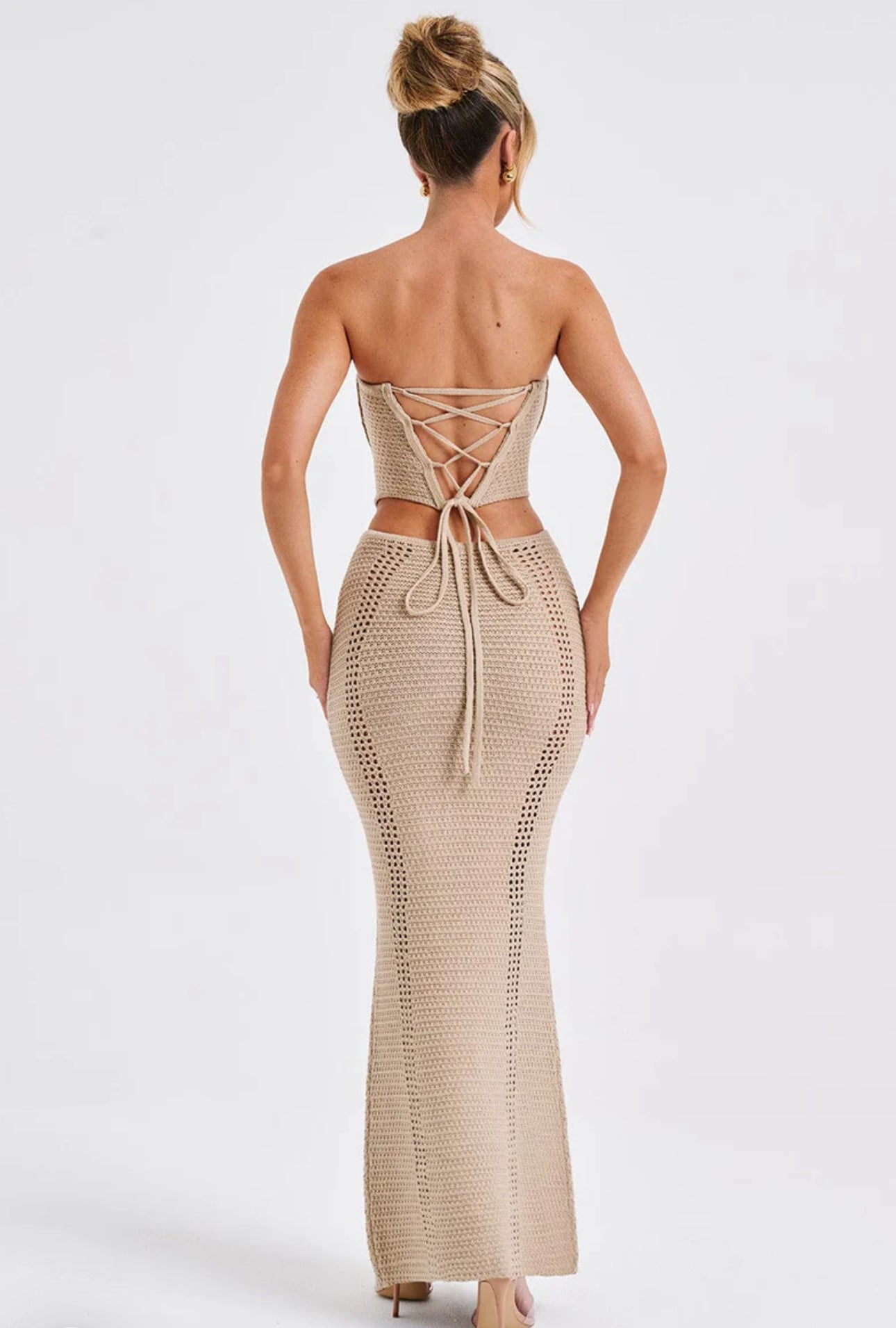Coordinato Ibiza top in filo con allicciatura incrociata schiena gonna lunga vestibilita morbida