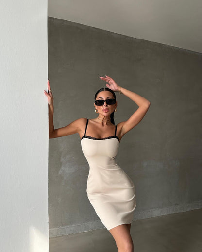Mini Dress in cotone costina con ricamo in merletto