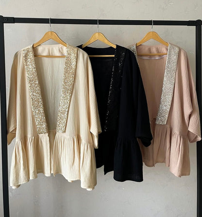 Coordinato Giaccacamicia canotta e pantaloni in paillettes Made in Italy taglie dalla 38 alla 56