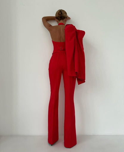 Tailleur Naomi blazer più gilet schiena scoperta pantaloni palazzo in coordinato