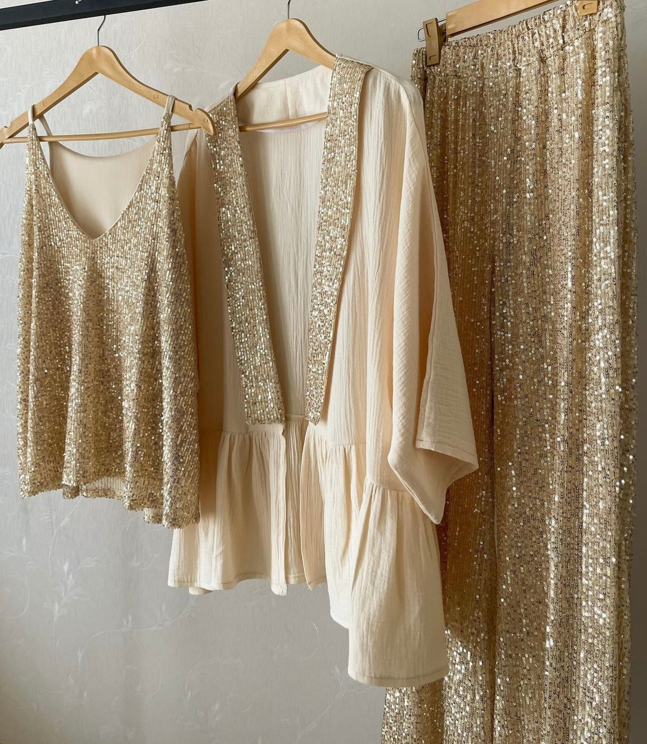 Coordinato Giaccacamicia canotta e pantaloni in paillettes Made in Italy taglie dalla 38 alla 56