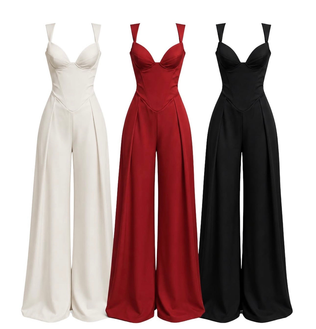 Jumpsuit Sartoriale a Gamba Larga questo capo combina la struttura audace di un bustier con la fluidità elegante dei pantaloni a gamba larga, creando una silhouette clessidra che esalta ogni figura.