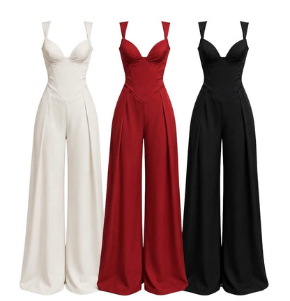 Jumpsuit Sartoriale a Gamba Larga questo capo combina la struttura audace di un bustier con la fluidità elegante dei pantaloni a gamba larga, creando una silhouette clessidra che esalta ogni figura.