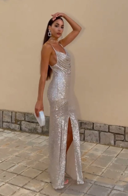 Vestito BIA lungo in paillettes con bretelle e spacco laterale