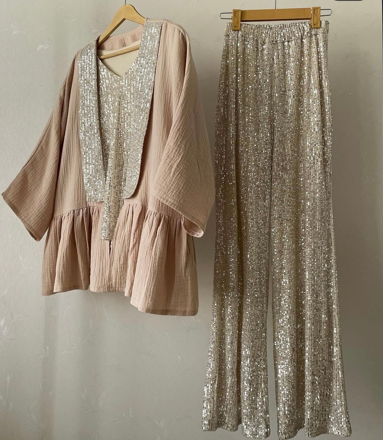 Coordinato Giaccacamicia canotta e pantaloni in paillettes Made in Italy taglie dalla 38 alla 56