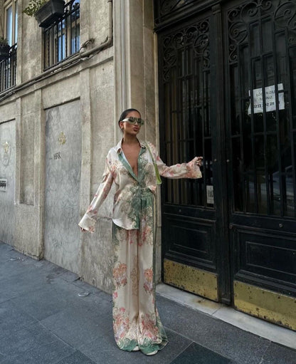 Chimono Singapore in raso con camicia e pantaloni larghi 🌺 vestibilita morbida comoda