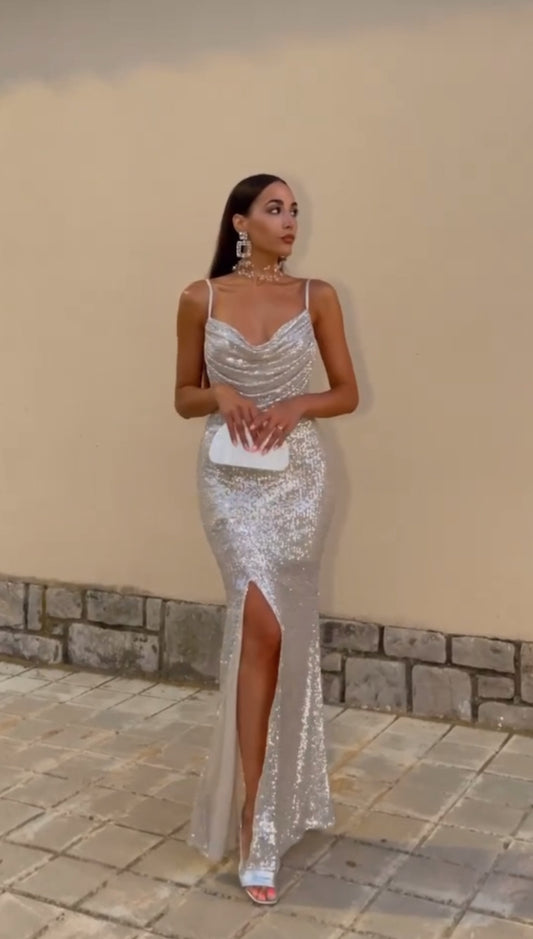Vestito BIA lungo in paillettes con bretelle e spacco laterale
