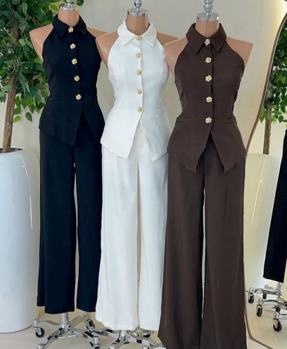 Tailleur ANITA Gilet senza maniche con colletto e bottoni metallici frontali Pantalone a gamba larga, vita alta