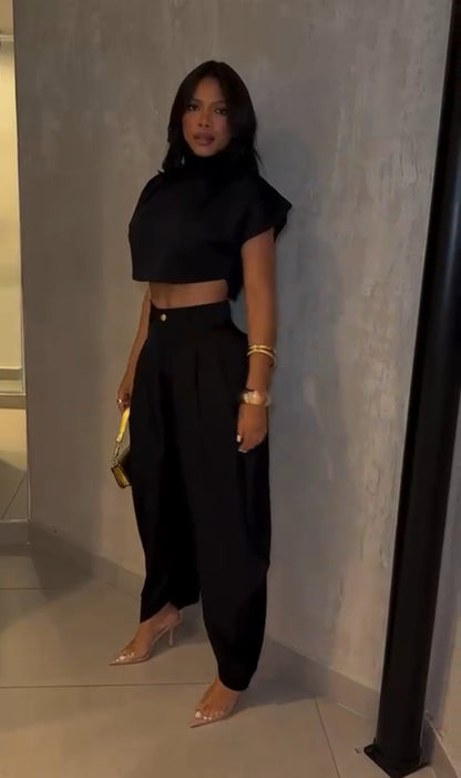 Set PRAGA Completo elegante composto da crop top a collo alto e pantaloni palazzo morbidi con pieghe frontali. Realizzato in tessuto fluido e leggero per una vestibilità confortevole e chic.