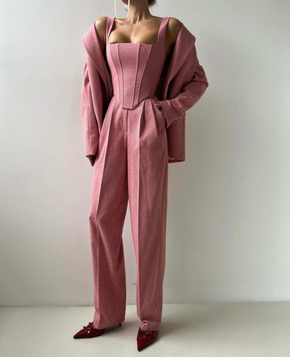 Tailleur NATASHA giacca corpetto pantaloni e cinta in coordinato in lana Made in Italy