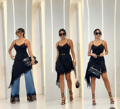 Completo Debora Abito Slip Asimmetrico con Pizzo Nero e Jeans a Gamba Larga con Dettagli