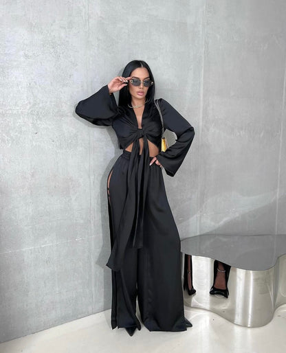 Coordinato JASMIN camicia m/lunga pantalone spacco in raso