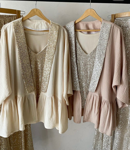 Coordinato Giaccacamicia canotta e pantaloni in paillettes Made in Italy taglie dalla 38 alla 56