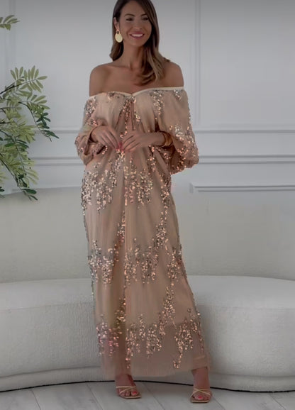 Vestito Long Dress nude  in tulle foderato con paillettes vestibilita morbida comoda Made in Italy taglie 38 alla 56