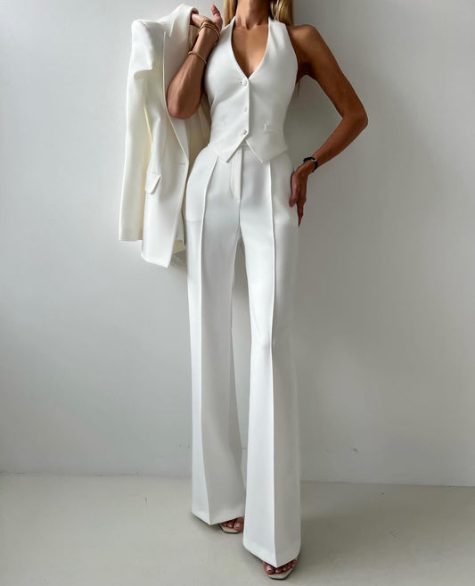 Tailleur Naomi blazer più gilet schiena scoperta pantaloni palazzo in coordinato