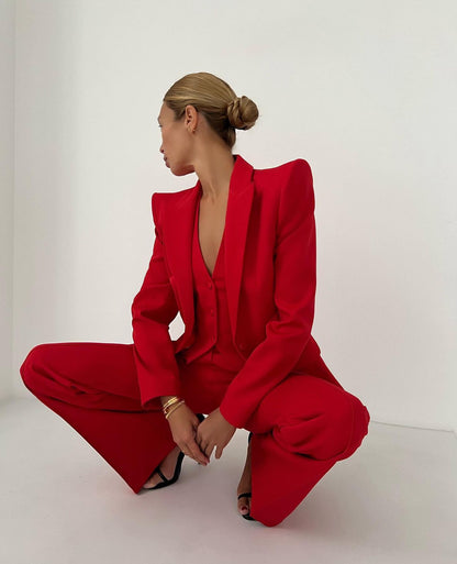 Tailleur Naomi blazer più gilet schiena scoperta pantaloni palazzo in coordinato