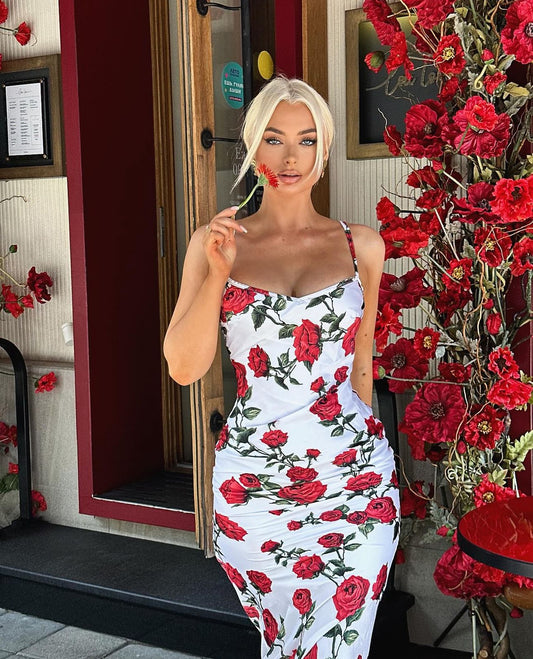 Abito LISA tessuto raso con stampa fiore vestibilita perfetta Made in Italy 🇮🇹