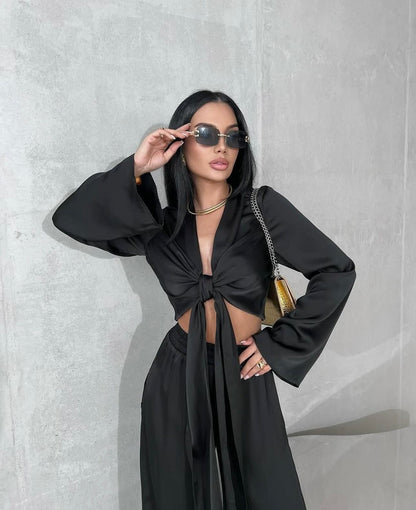 Coordinato JASMIN camicia m/lunga pantalone spacco in raso
