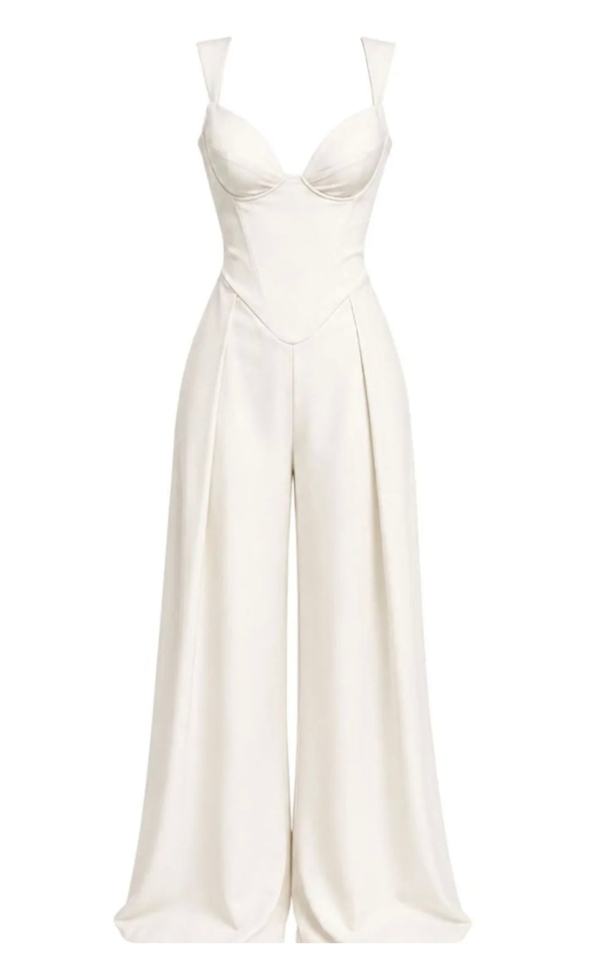 Jumpsuit Sartoriale a Gamba Larga questo capo combina la struttura audace di un bustier con la fluidità elegante dei pantaloni a gamba larga, creando una silhouette clessidra che esalta ogni figura.