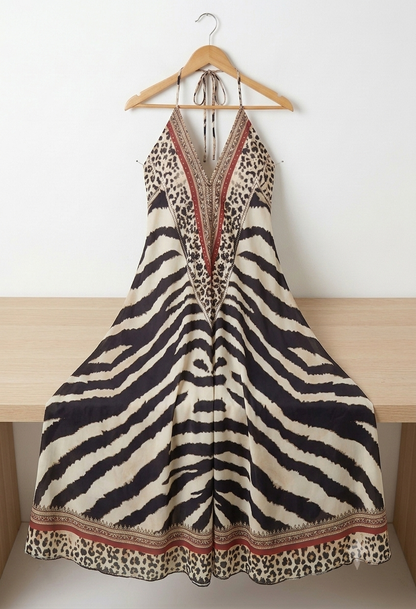 Long dress Fede unisce la raffinatezza della stampa zebrata e maculata a una vestibilità fluida e scivolata che valorizza la silhouette con estrema eleganza.
