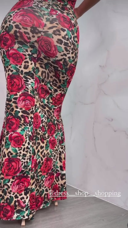 Vestito long dress Amalia con pizzo e merletto stampa minimal con rosa schiena scollata